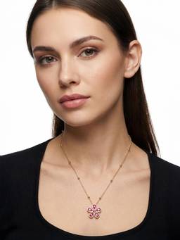 Carlton London - Gold Plated Designer Ruby Red Flower with Cz Pendant and Chain