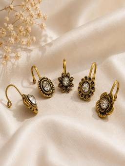 Accessher - Gold-Toned Floral Clip-On Nose Ring Set Crystal Studded (Pack of 5)