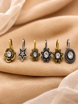 Accessher - Floral Crystal Clip-On Nose Ring Set Oxidised Gold and Silver (Pack of 6)