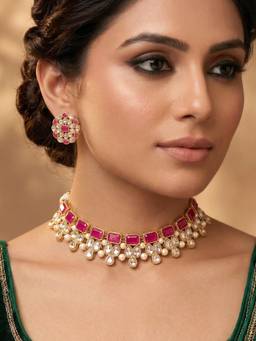 Peora - Gold Plated Traditional Necklace Set with Pink Kundan Stones and Earrings