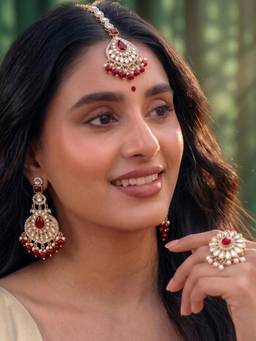 Peora - Gold Plated Chandbali Earrings Maang Tikka and Finger Ring Set with Maroon Stones