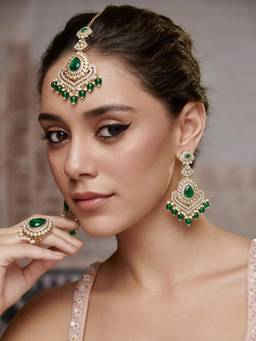 Peora - Gold Plated Pearl Studded Earrings Maang Tikka and Finger Ring with Green Stones
