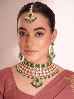 Peora - Gold Plated Kundan Necklace Set with Green Stones Earrings and Maang Tikka