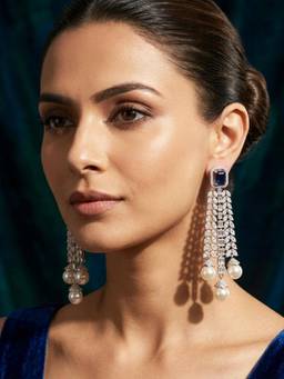 Peach Tassels - Long Ornate Dangle Earrings with Dark Blue Stones