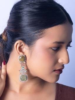 Peach Tassels - Large Drop Earring with Oval Green and Yellow Stones