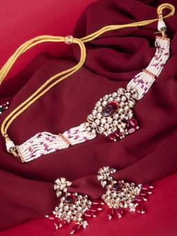 Peach Tassels - Ornate Choker Set with Kundan and Red Stones