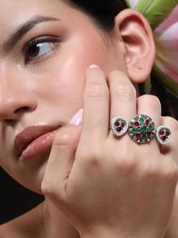 VENI - Silver-Plated Stone-Studded and Beaded Oxidised Finger Ring
