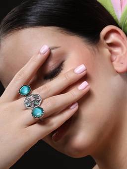VENI - Silver-Plated Stone-Studded and Beaded Oxidised Finger Ring