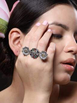 VENI - Silver-Plated Stone-Studded and Beaded Oxidised Finger Ring