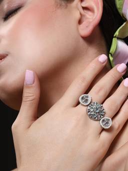 VENI - Silver-Plated Stone-Studded and Beaded Oxidised Finger Ring