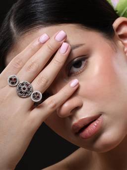 VENI - Silver-Plated Stone-Studded and Beaded Oxidised Finger Ring