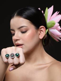 VENI - Silver-Plated Stone-Studded and Beaded Oxidised Finger Ring