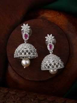 Estele - Rhodium Plated Cz Designer Jaliwala Jhumka Earrings With Pearl And Crystals For Women