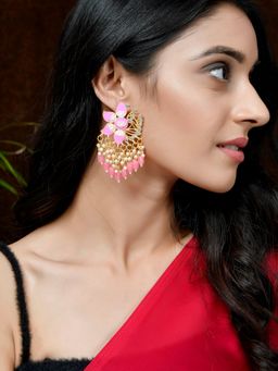 Silvermerc Designs - Gold Plated Pink Toned Handcrafted Kundan Studded Floral Drop Earrings
