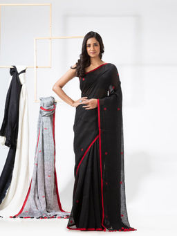 Angoshobha - Black Traditional Handloom Linen Jamdani Saree with Unstitched Blouse