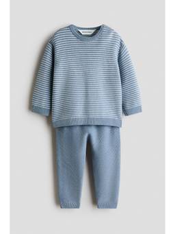 H&M - Unisex Blue 2-Piece Fine-Knit Cotton Sweatshirt and Joggers