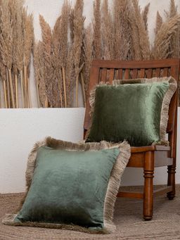 BELIHODE - Evergreen Fringed Velvet Cushion Cover (Pack of 2) (16x16 inches)