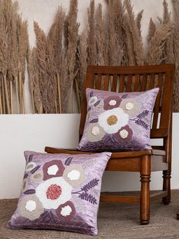 BELIHODE - Lilac Blooming Euphoria Hand Embroidered Cushion Cover (Pack of 2) (16x16 inches)