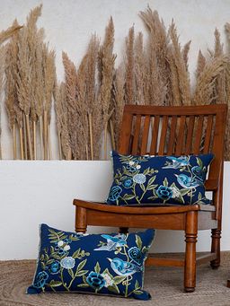 BELIHODE - Blue Bird Sanctuary Hand Embroidered Cushion Cover (Pack of 2) (12x18 inches)