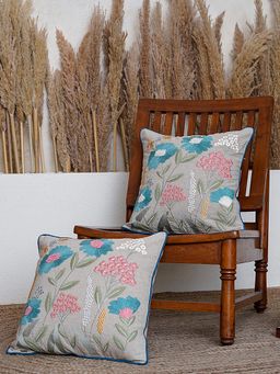 BELIHODE - Navy Spring Serenade Hand Embroidered Cushion Cover (Pack of 2) (16x16 inches)