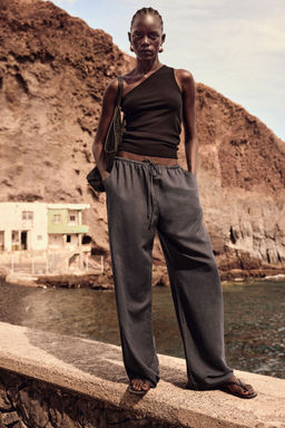 H&M - Women Black Straight Linen-Blend Trousers