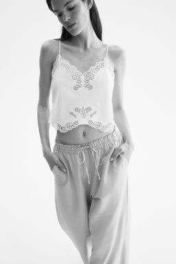 H&M - Women Beige Cropped Linen-Blend Trousers