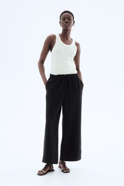 H&M - Women Black Cropped Linen-Blend Trousers