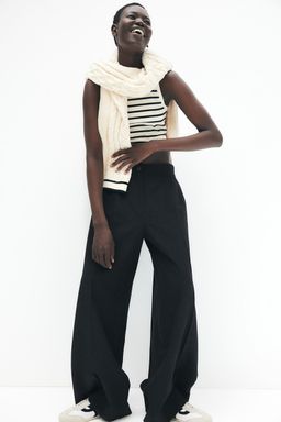 H&M - Women Black Wide Linen-Blend Trousers