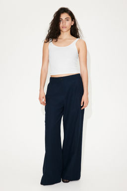 H&M - Women Blue Wide Linen-Blend Trousers