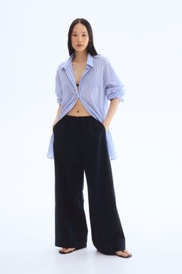 H&M - Women Blue Wide Linen-Blend Trousers