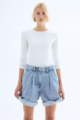 H&M - Women Blue Pleated Denim Shorts