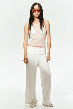 H&M - Women White Foldover-Waist Linen-Blend Trousers