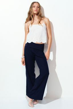 H&M - Women Blue Foldover-Waist Linen-Blend Trousers