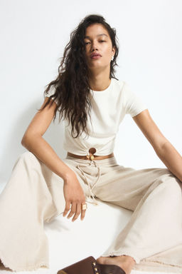H&M - Women Beige Linen-Blend Drawstring Trousers