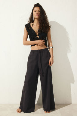 H&M - Women Grey Linen-Blend Drawstring Trousers