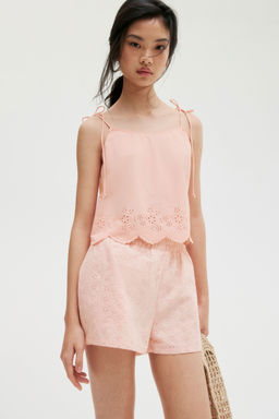 H&M - Women Orange High-Waisted Broderie Anglaise Shorts