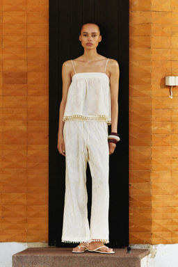 H&M - Women Beige Embroide Drawstring Trousers