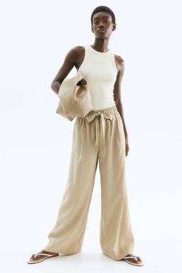 H&M - Women Beige Wide Tie-Belt Trousers