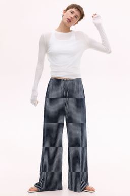 H&M - Women Navy Blue Ribbed Drawstring Trousers