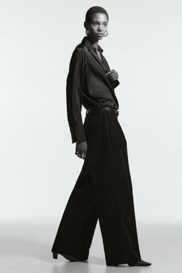 H&M - Women Black Wide Corduroy Trousers