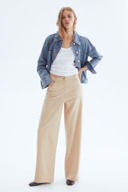 H&M - Women Beige Wide Cotton Trousers