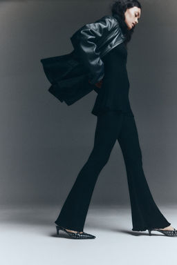 H&M - Women Black Fla Rib-Knit Trousers