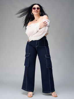 Miss Chase - A+ Curve Collection Plus Size Navy Blue Wide leg High rise Denim Jeans