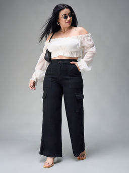 Miss Chase - A+ Curve Collection Plus Size Black Wide-Leg High-Rise Denim Cargo Jeans