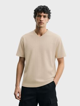 The Indian Garage Co - Men Beige Boxy Fit Textured V-Neck Half Sleeves T-Shirt