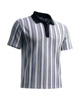 The Indian Garage Co - Men Blue Boxy Fit Vertical Striped Half Sleeves Polo T-Shirt