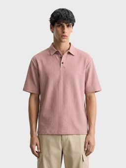 The Indian Garage Co - Men Mauve Boxy Fit Textured Round Neck Polo T-Shirt