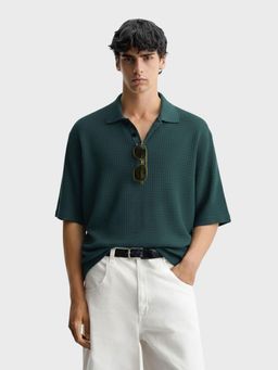 The Indian Garage Co - Men Teal Boxy Fit Textured Round Neck Polo T-Shirt