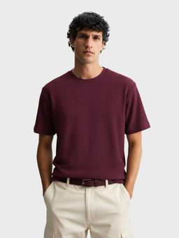 The Indian Garage Co - Men Wine Boxy Fit Textured Half Sleeves T-Shirt