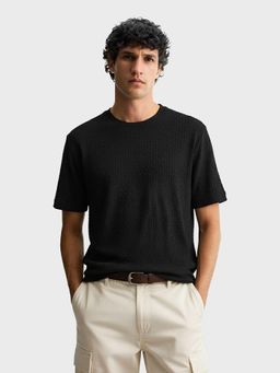 The Indian Garage Co - Men Black Boxy Fit Textured Half Sleeves T-Shirt